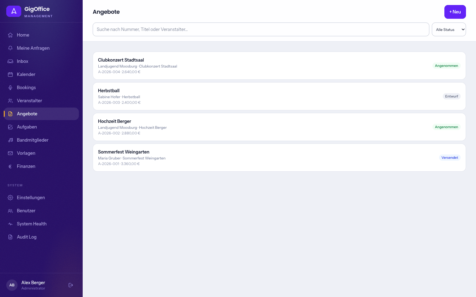 Angebotsliste mit Status, Beträgen und Nummernkreis