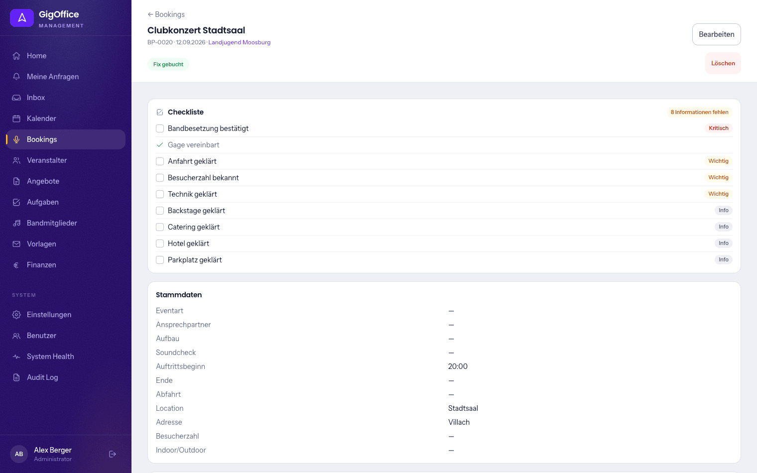 Booking mit Zeiten, Besetzung und Checkliste