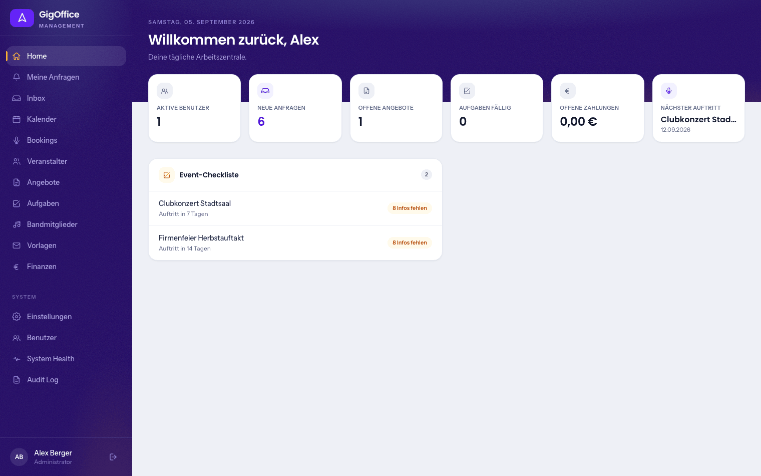 GigOffice Dashboard mit Kennzahlen, nächstem Auftritt und Event-Checkliste