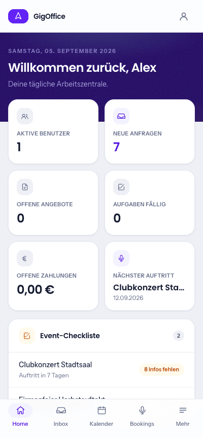 GigOffice auf dem Smartphone: Dashboard